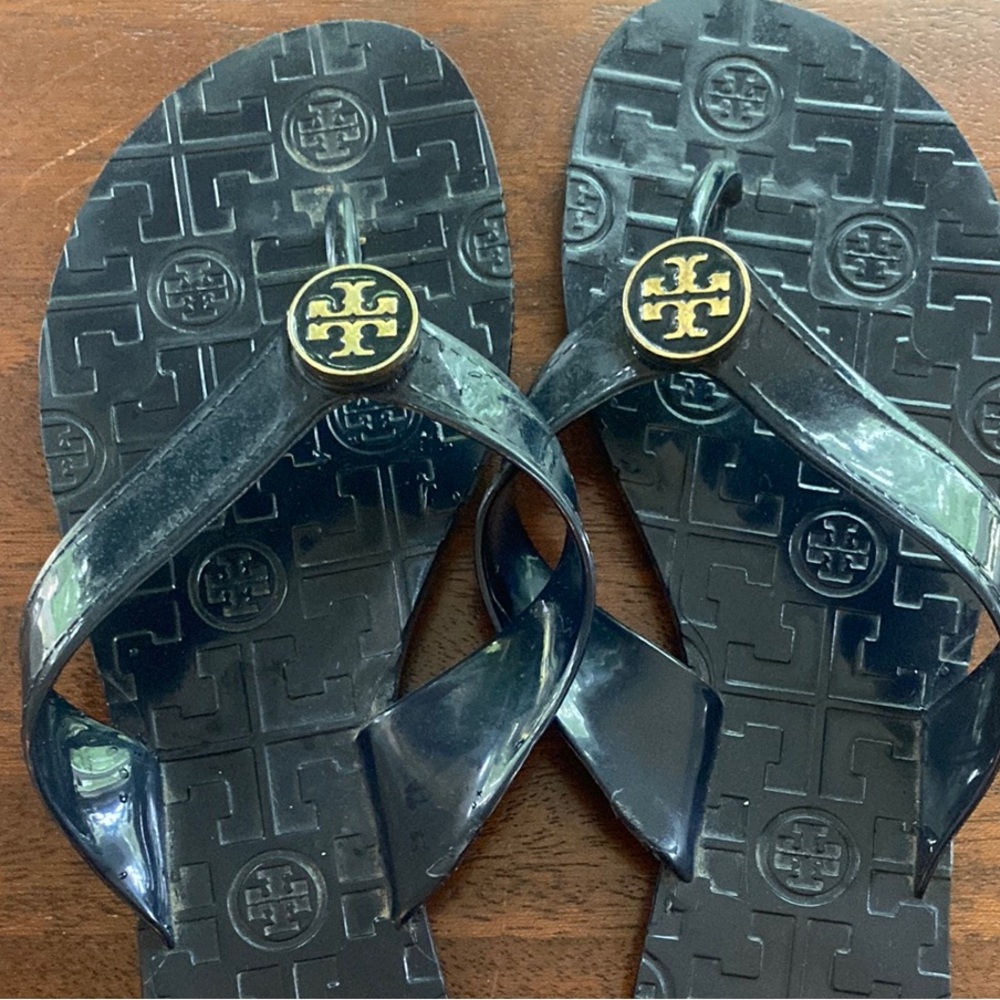 Tory Burch Navy Flip Flops with Gold Logo
